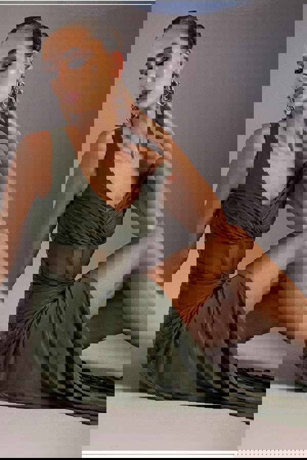 Off The Shoulder Corset Waist Mesh Wrap Skirt Soft Touch Maxi Dress - Khaki Green DR4865