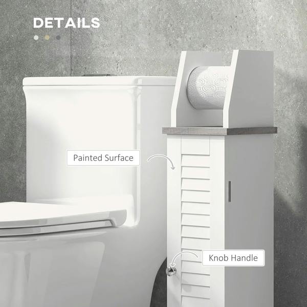White bathroom cabinet detail: painted surface, knob handle, roll holder and slatted storage