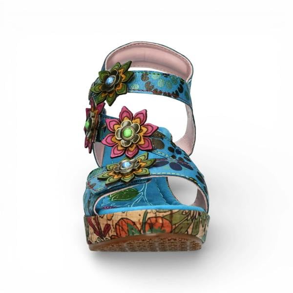 Laura Vita Nellao 33 - Women's Blue Floral Leather Wedge Sandals