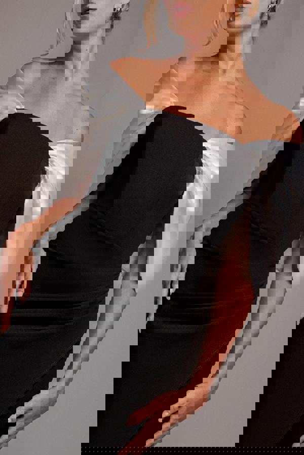 Contrast Off Shoulder Back Satin Bow Scuba Midi Dress - Black Cream DR4939