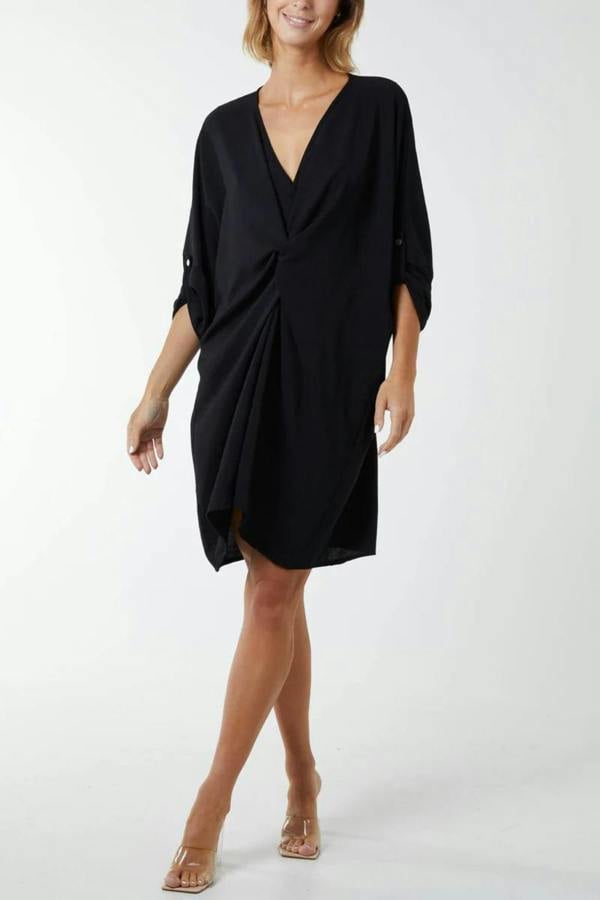 Hoxton Gal Oversized 3/4 Sleeve V Neck Midi Dress with Twist Front Detail in Black