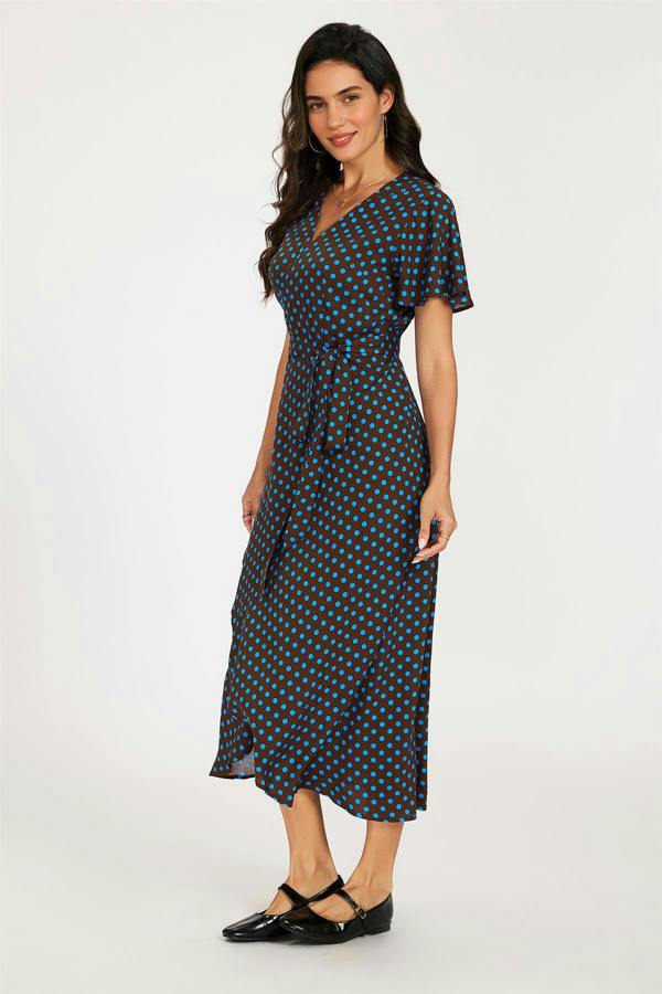 FS Collection Brown & Blue Polka Dot Print Wrap Maxi Dress
