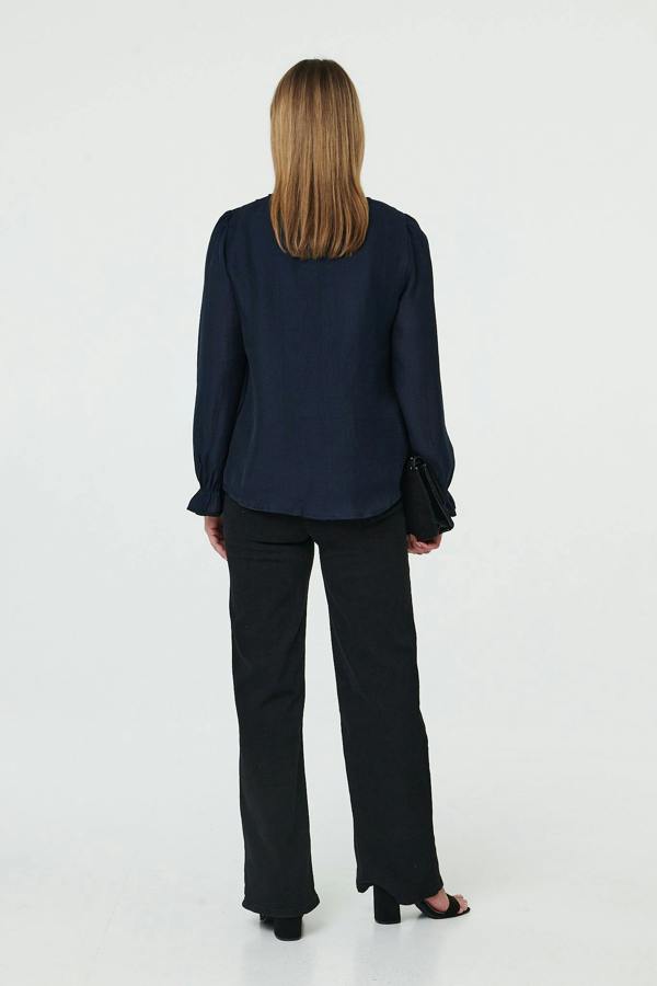Navy | Long Sleeve Frilled Trim V-Neck Blouse