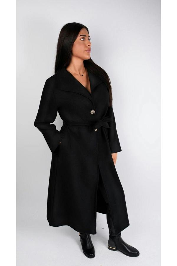 Marelle Belted Longline Coat With Button Detail - Black