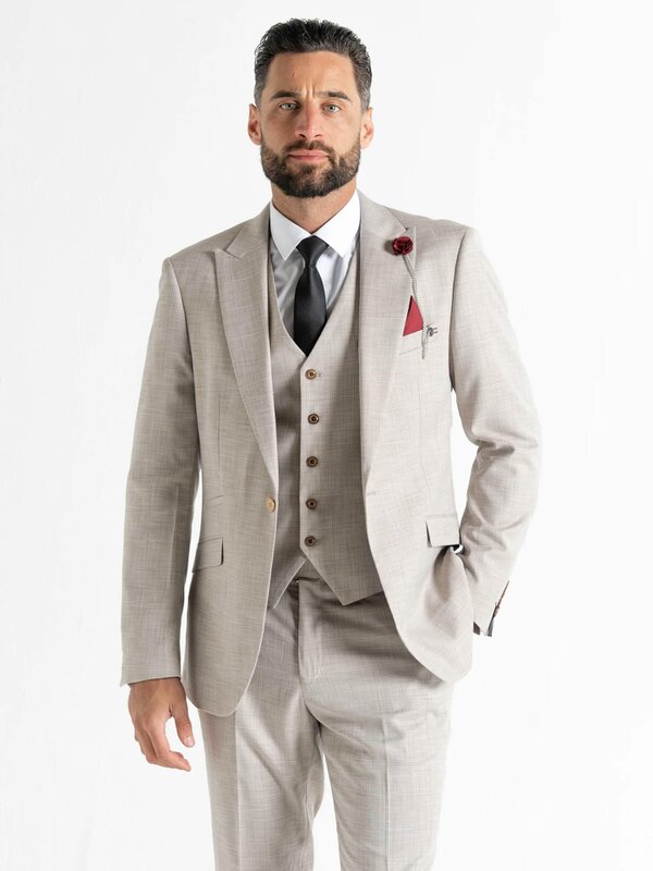 V2 Classic Kensignton Three Piece Suit - Cream with Light Brown Checks