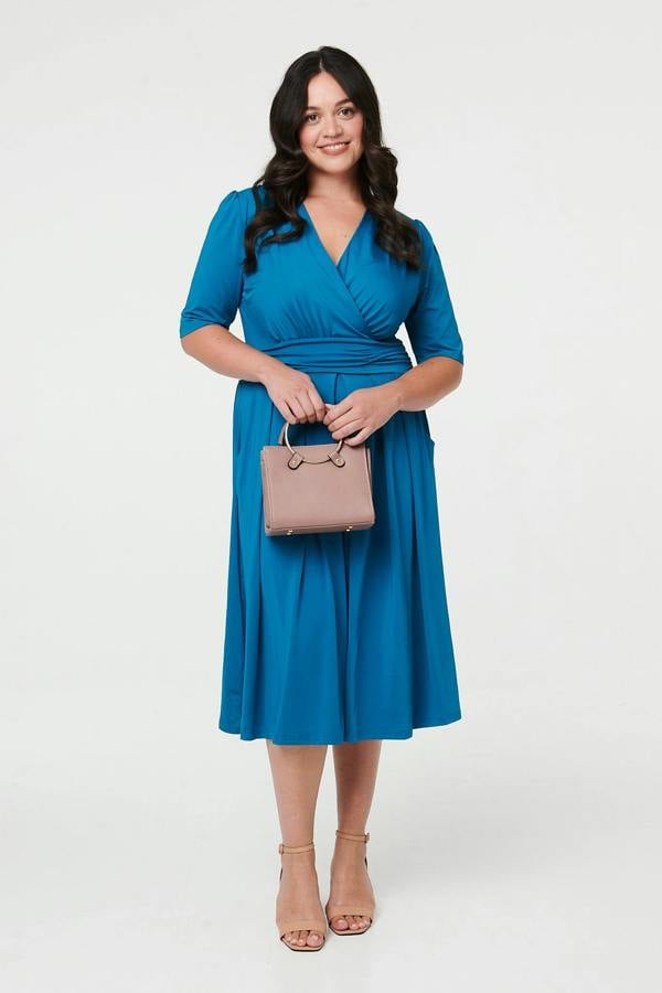 Turquoise | Curve Ruched Waist Faux Wrap Midi Dress
