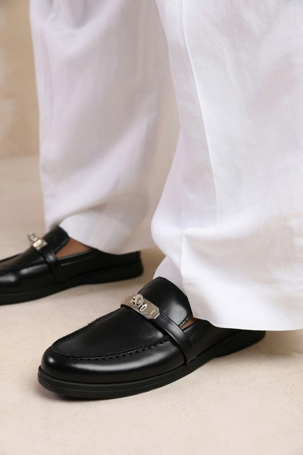 Where's That From Monaco Wide Fit Slip on Loafers With Metal Detailing in Black Faux Leather