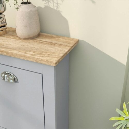 Wyld Haus Kamcha Grey and Natural Wood Narrow Shoe Cabinet With 2 Flip Drawers For 6 To 12 Pairs