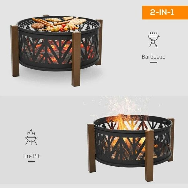 Bobobiy Metal Large Firepit Bowl Outdoor 2-In-1 Round Fire Pit Brazier with Lid, BBQ Grill, Poker for Backyard, 78 x 60cm, Black, 78 x 78 x 60cm