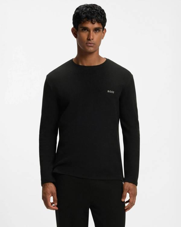 BOSS Orange Waffle Mens Ottoman pyjama T - Shirt with embroidered logo - Black 001 | CHO | Designer Mens,Pyjamas Loungewear & Robes,Pyjamas