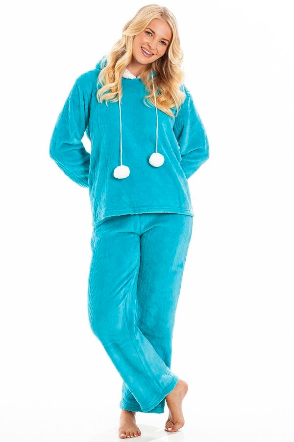 Camille Womens Light Blue Supersoft Fleece Hooded Pyjama Set