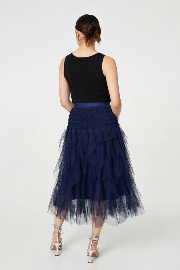 Navy | Ruffled Sheer Mesh High Waist Midi Skirt
