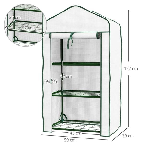 White three-tier mini greenhouse with green frame and three shelves, shown with dimensions