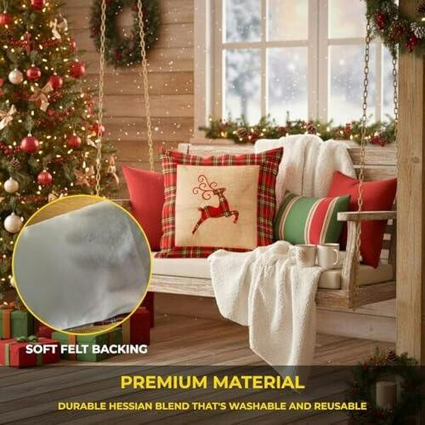 Shatchi 40x40cm 40x40cm Reindeer Print Christmas Cushion Cover in Brown Hessian and Non-Woven