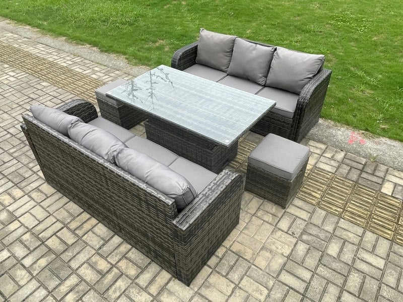 Fimous 8 Seater Outdoor Rattan Garden Furniture Sets Height Adjustable Rising lifting Dining Table Sofa Set with 2 Small Footstools Dark Grey Mixed