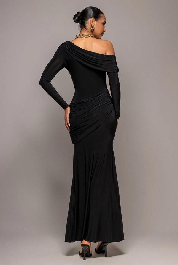 Off Shoulder Gathered Panel Soft Touch Maxi Dress - Black DR5087