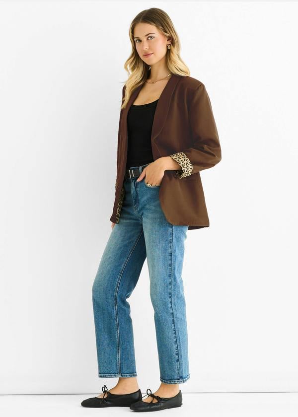 Gini London Brown Contrast Animal Edge to Edge Blazer