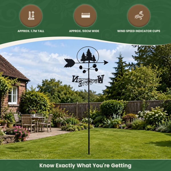 Trees Weathervane with Wind Speed Indicator Cups, All-Steel Black Finish, Wall Mount Fixings and 1.7m Ground Spike Option