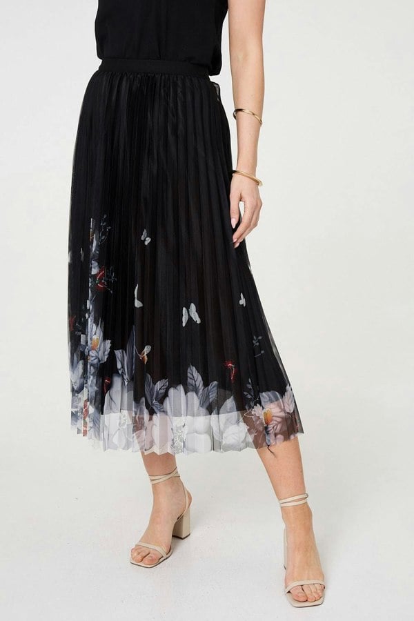 Black | Butterfly Print Pleated Mesh Midi Skirt
