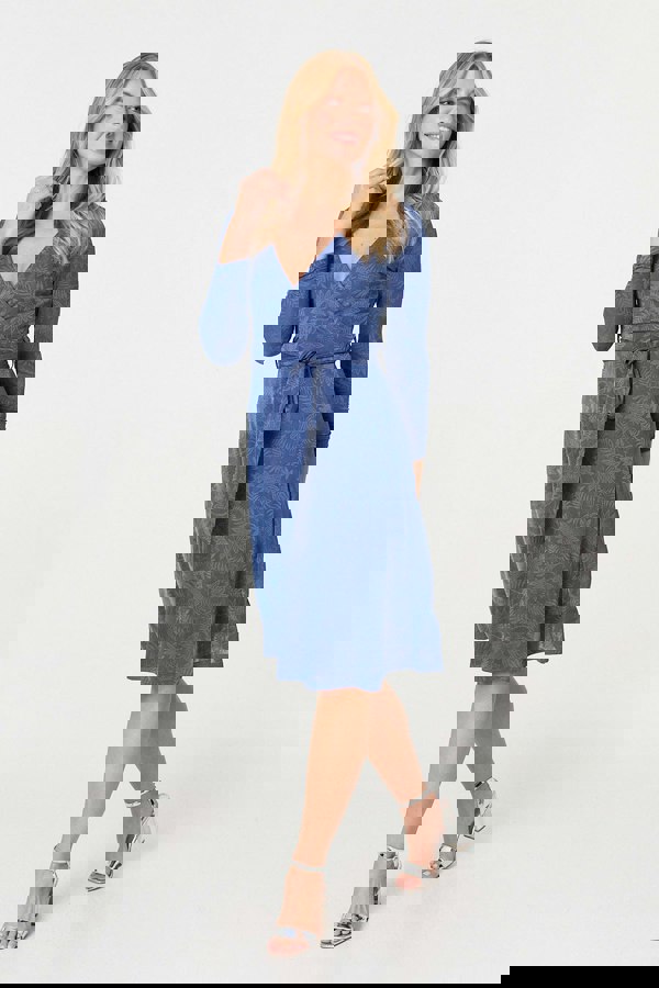 Blue | Floral Embossed Tie Waist Knee Length Dress
