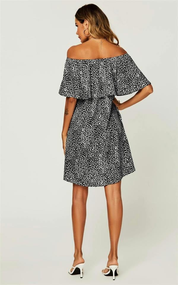 FS Collection Leopard Print Bardot Frill Off Shoulder Mini Dress In Black