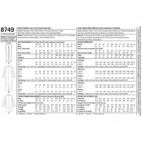 Simplicity Sewing Pattern 8749, Coats, Trousers for Women, AA (10-12-14-16-18) - Intermediate