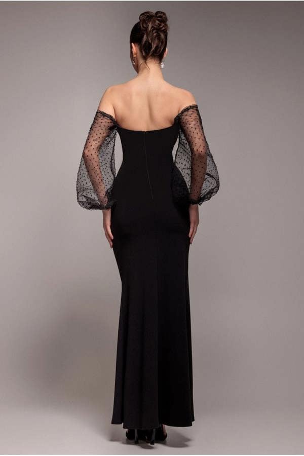 Dobby Organza Bishop Sleeve Multiway Maxi Dress - Black DR5011
