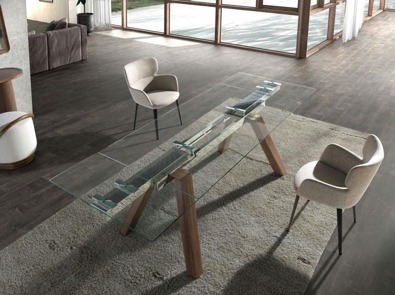 Angel Cerdá Rectangular tempered glass and walnut extending dining table 1123
