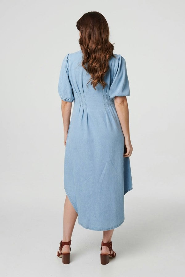 Blue | Denim 1/2 Puff Sleeve Ruched Maxi Shirt Dress
