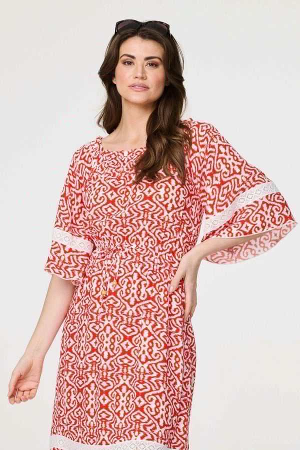 Red | Printed Relaxed Lace Trim Midi Dress