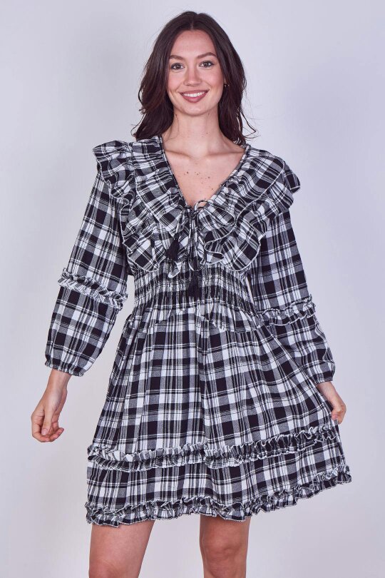 Frill Detail Check Smock Dress - Black - Onesize (8-14)