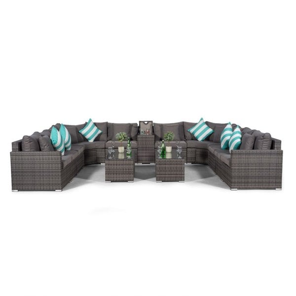Giardino Santorini U Shape Modular 10 Seat Rattan Sofa Set With Armrest Drinks Cooler & 2 Coffee Tables