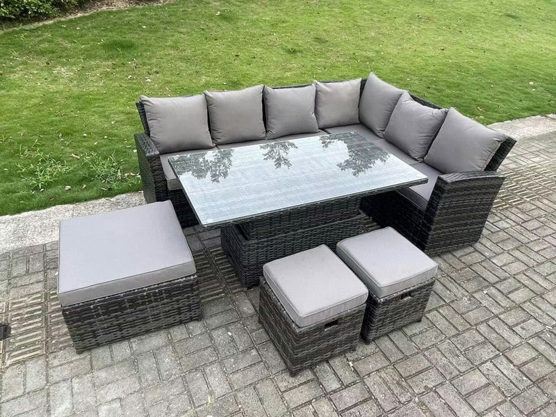 Fimous 9 Seater High Back?Outdoor Rattan Adjustable Rising Lifting Dining Table Corner Sofa Set Garden Furniture Footstools Dark Grey Mixed Right Hand