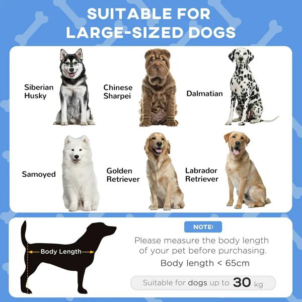 Large dog suitability graphic for dark blue raised cooling pet bed