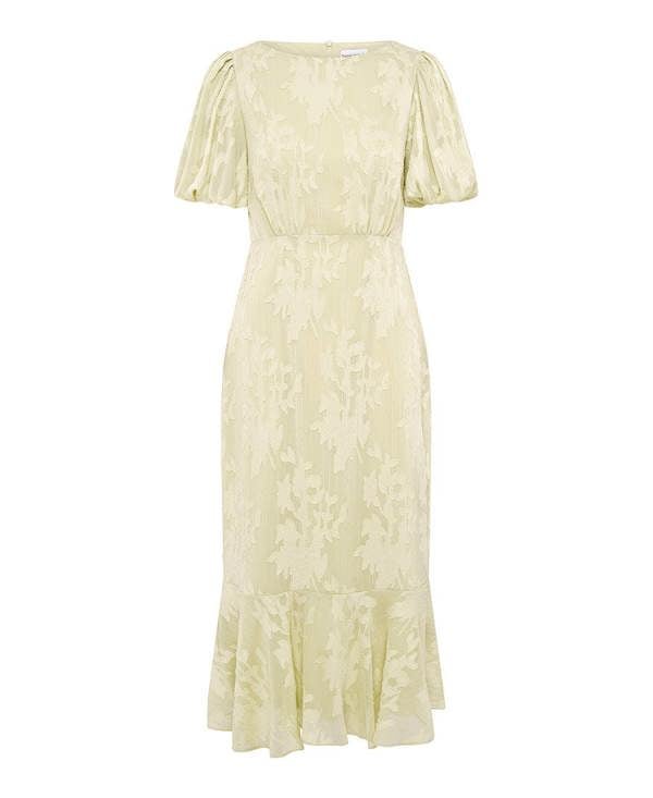 Needs No Label Green Jacquard Puff Sleeve Midi Dress