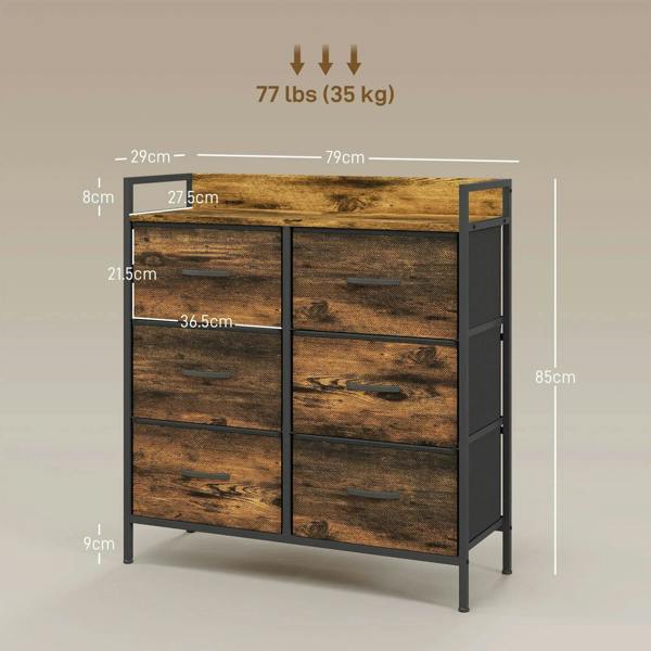 Rustic brown fabric drawer chest with black frame and six drawers, front view with size markers