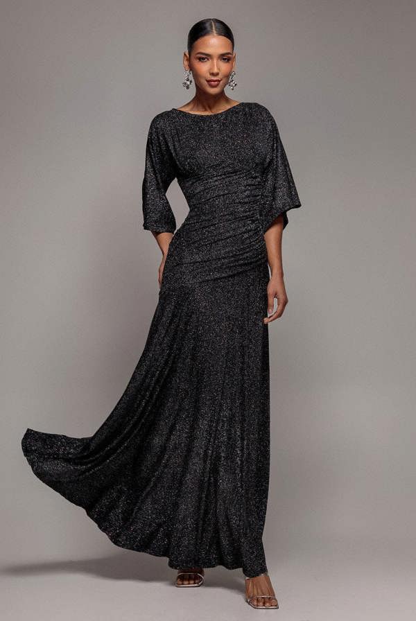 Lurex Kimono Sleeve Gathered Waist Maxi Dress - Black DR5196