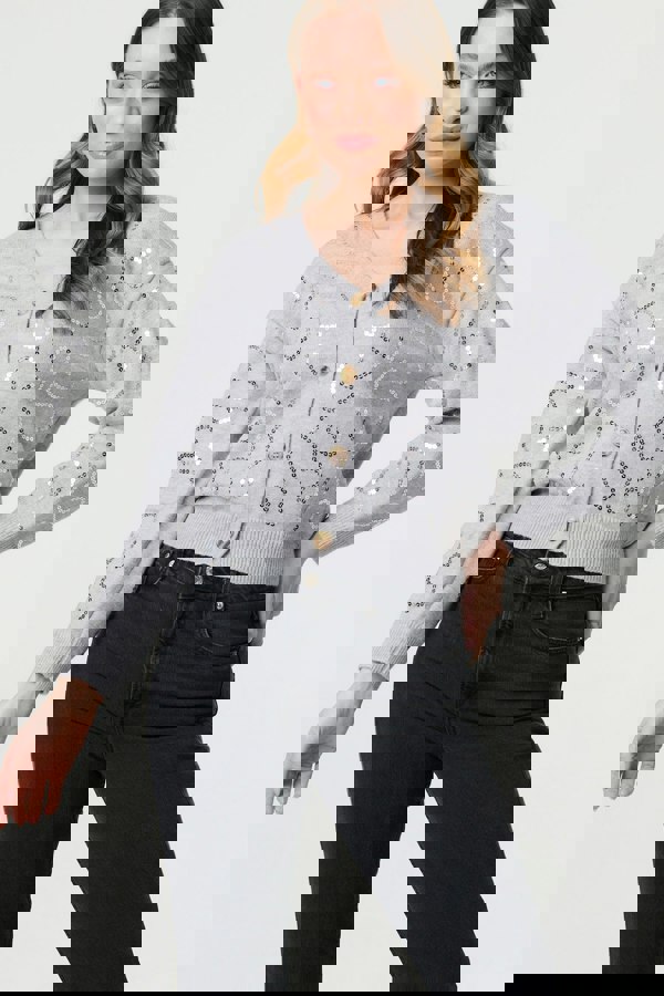 Grey | Sequin Embellished Cropped Cardigan
