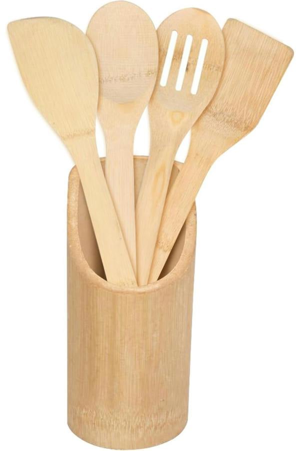 Dyzi 5 Piece Bamboo Wooden Kitchen Utensil Set with Holder 30cm