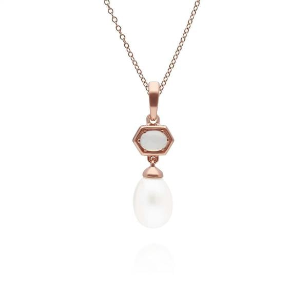 270P030801925 Modern Pearl & Opal Hexagon Drop Pendant in Rose Gold Plated Silver 1