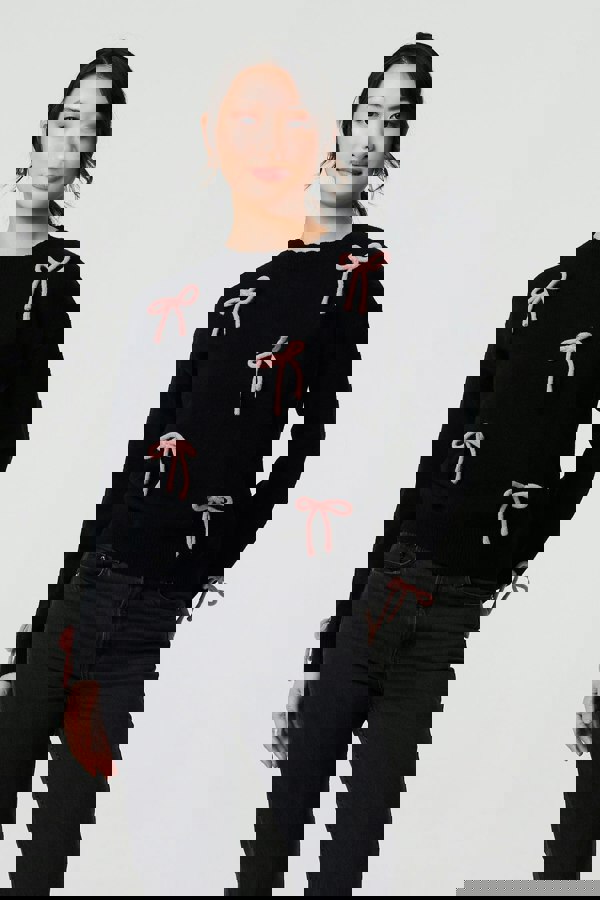 Black | Bow Embellished Drop Shoulder Jumper
