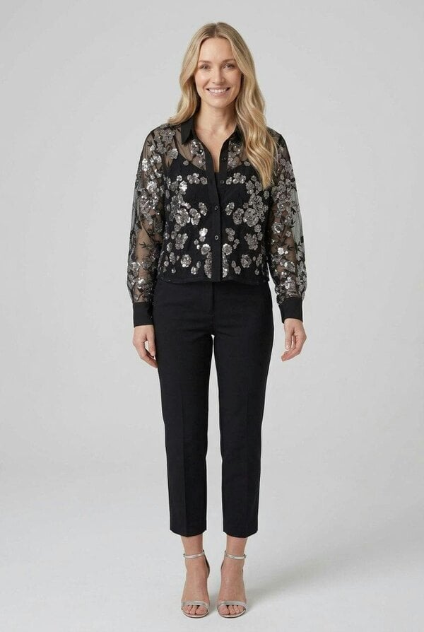 Izabel London Sheer Floral Embellished Cropped Shirt