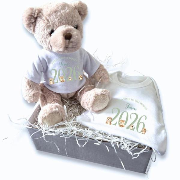 Personalised Green Woodland Animals Baby Gift Box - Teddy & Vest