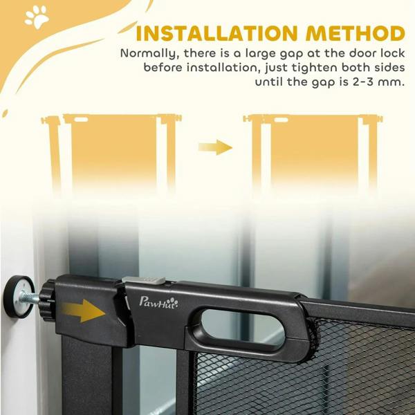 Black dog safety gate installation at wall with screw post and mesh panel