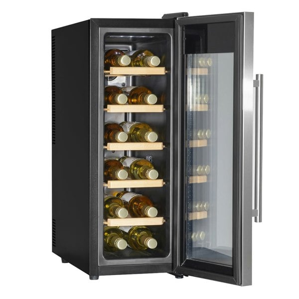 12 Bottle Freestanding Wine Cooler Fridge LED Backlit Metal Shelf STEEL & GLASS - LoopsDirect