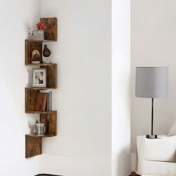 Rafaelo Mobilia 5 Tier Wall Mounted Floating Corner Shelf Rustic Brown