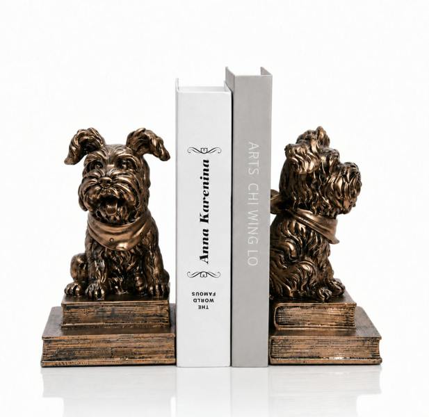 Maison des Cadeaux Bronze Effect Resin Dog Bookends, Vintage Animal Book Supports for Home Office, Library & Living Room Decor (Set of 2)