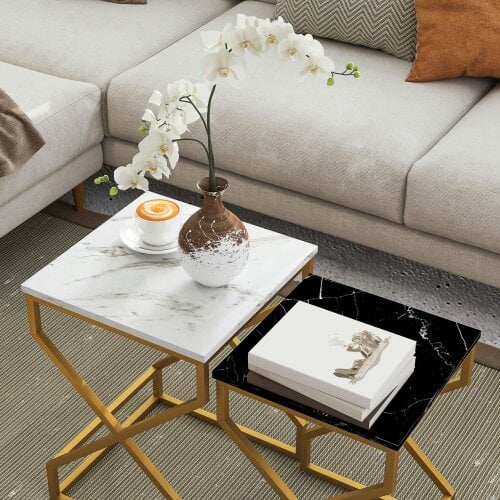Wyld Haus Revi Set Of 2 Marble Effect Nesting Side Tables Gold Metal Legs