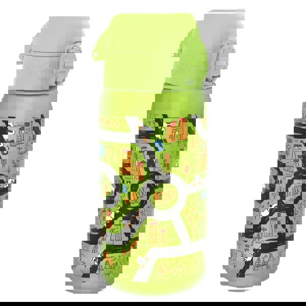 A green water bottle, featuring a city road map design, sits against a white background. ION8 is printed on the bottle.