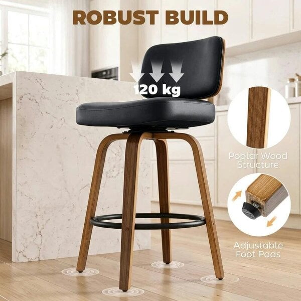Bar Stools 360° Swivel Breakfast Bar Stools Padded PU Seat Footrest Set of 2 Black